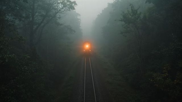 Diesel locomotive approaching through foggy forest on single track with headlight beam