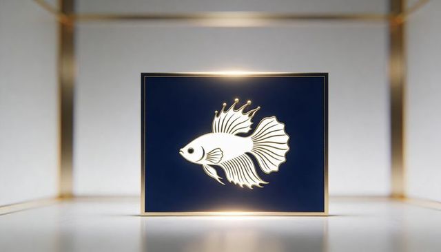 Backlit gold-framed stylized fish artwork on glossy pedestal in minimalist gallery