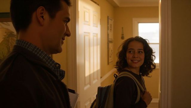 Smiling teen girl carrying backpack saying goodbye to father in warm home hallway