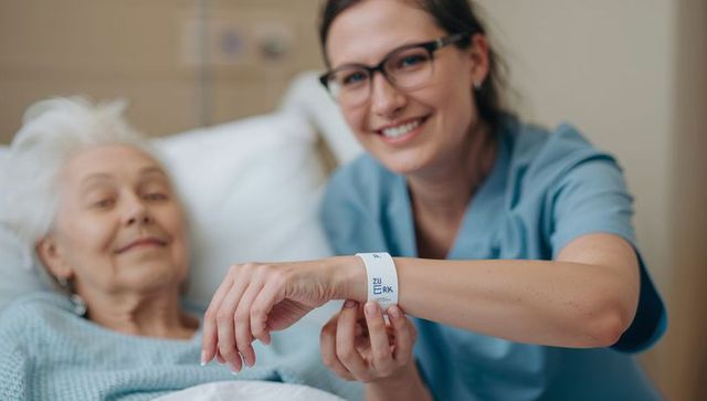 Nurse fastening wristband on elderly patient at bedside, smiling caregiver in blue scrubs