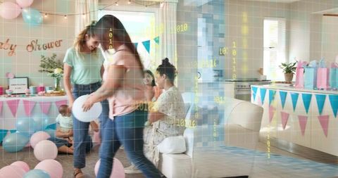 Women celebrating baby shower in bright living room with pastel balloons and gifts