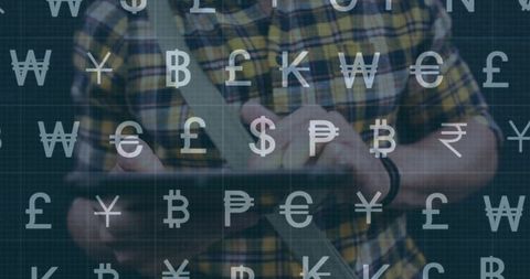 Man tapping tablet with currency glyph overlay for fintech and digital banking concept