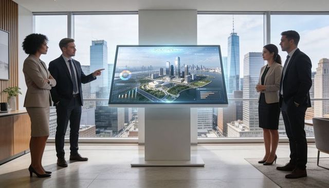 Executives presenting smart city 3d model on interactive touchscreen in high-rise boardroom