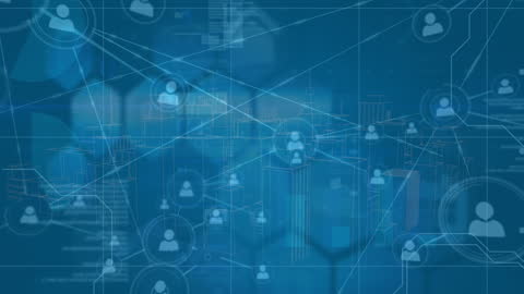 Digital Network Connections Overlaid on Abstract Cityscape