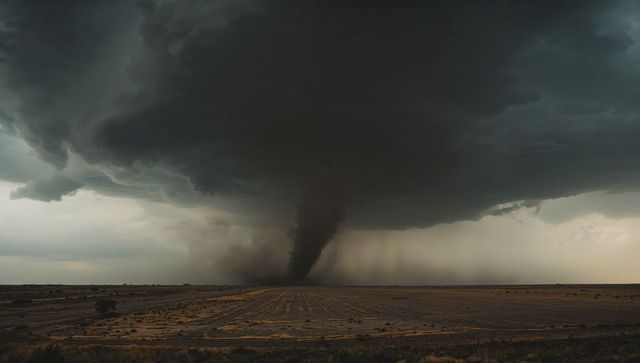 Spinning tornado funnel descending from wall cloud over harvested field, lofting dust and rain