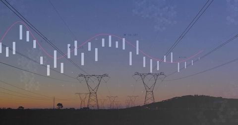 Electric power transmission at dusk with data visualization overlay