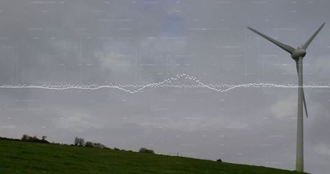 Wind Turbine Towering on Green Hillside with Dotted Waveform Overlay for Renewable Energy