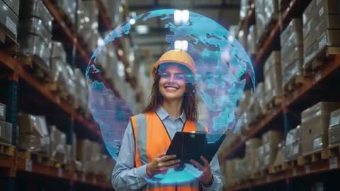 Woman in Warehouse Viewing Holographic Globe Display Exploring Innovative Logistics