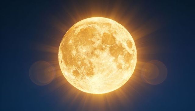 Glowing golden full moon radiating halo and lens flares over deep navy sky