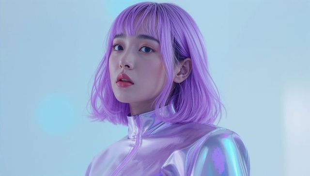 Stylish Woman with Purple Bob in Futuristic Holographic Jacket