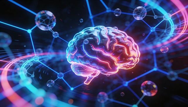 Neon brain floating in futuristic neural network with glowing circuits and data orbits