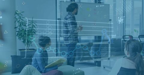 Business Meeting with Virtual Data Overlay in Modern Office