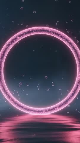 Pulsing Neon Pink Ring Floating Above Dark Water Vertical Loop Video for Futuristic Ambient Visuals