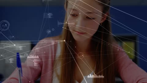 Student Studying with Futuristic Data Connections Overlay