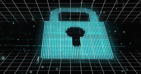 Hovering holographic turquoise padlock over wireframe grid representing digital security