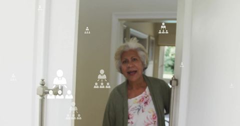 Senior Woman Engaging at Doorway, Technology Concept Overlay