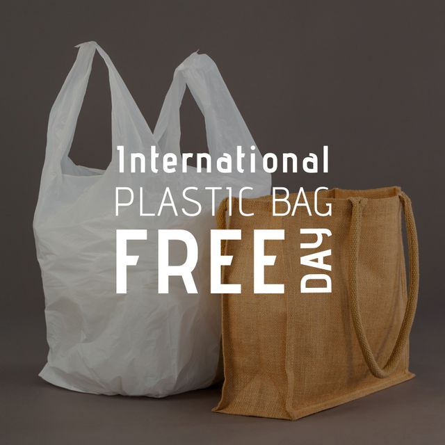 International Plastic Bag Free Day Concept with Jute and Plastic Bags Against Gray Background - Download Free Stock Templates Pikwizard.com