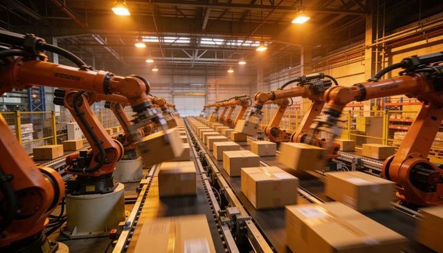 High-speed warehouse automation with robotic arms sorting parcels on conveyor lines