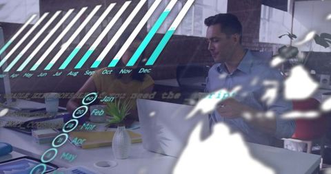 Team Collaborating with Augmented Reality Data Charts Over Desk in Modern Coworking Space