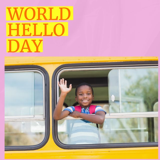 African American schoolboy, wearing blue striped shirt and red backpack, waving from school bus window. Suitable for themes related to World Hello Day, education, childhood memories, greeting moments, public transportation, school promotions. Ideal for educational publications, greeting card designs, and social media campaigns celebrating friendly interactions.