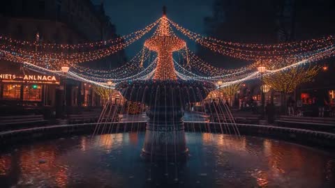 Illuminated Fountain with Festive Lights in City Plaza at Night
