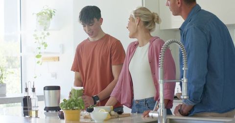 Family making green smoothie together in bright modern sunlit kitchen with basil plant
