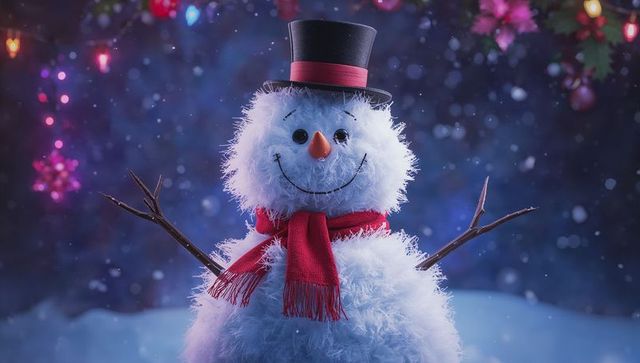 Cheerful snowman in festive winter night