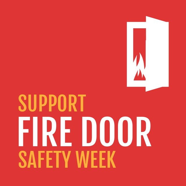 Illustration of fire burning at door and support fire door safety week text against red background. copy space, vector, fire door, awareness, protection and campaign concept.