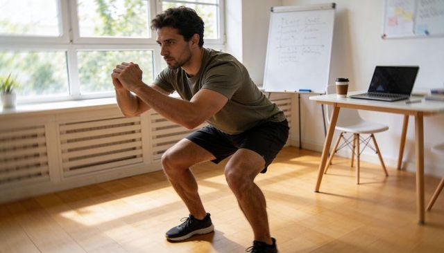 Home office workout routine: man squatting by laptop in bright living room workspace