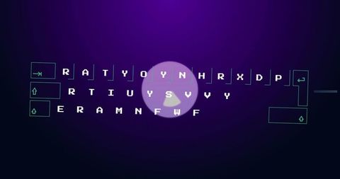 Hovering play button over framed block letters on neon purple futuristic ui interface