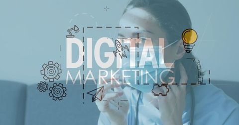 Nurse adjusting mask with digital marketing overlay, medical branding and telehealth concept