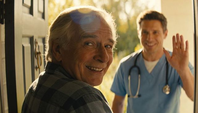 Senior smiling at doorway greeting home health nurse waving on sunny porch