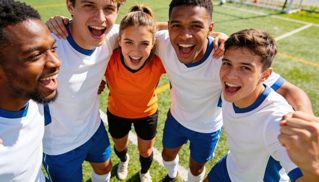 Teen soccer team celebrating victory, linking arms and cheering on sunny artificial turf