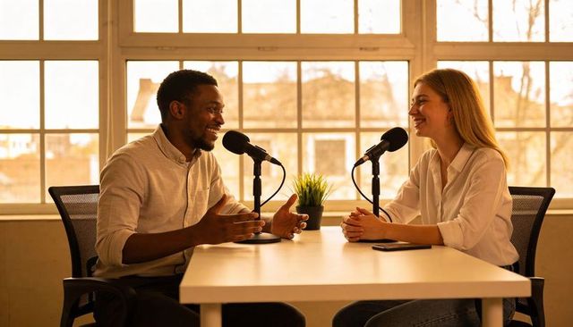 Black man and white woman recording conversational podcast in bright modern office studio