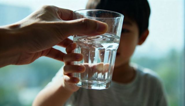 Adult offering glass of water to child by sunlit window showing ripples