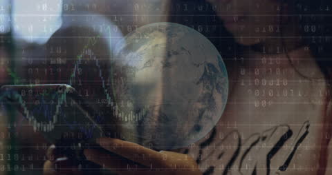 Teenager Learning Digitally with Global and Data Overlays