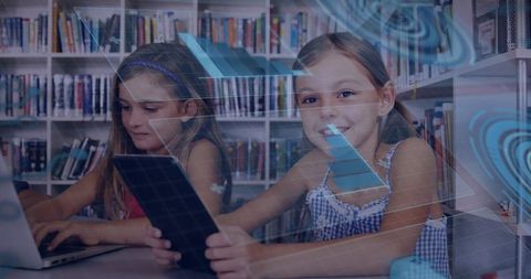 Young Students Collaborating with Tablet and Laptop in Library with Futuristic HUD Overlay