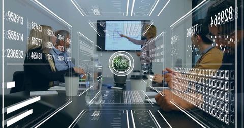 Presenter pointing at digital dashboard with holographic data overlays in boardroom meeting