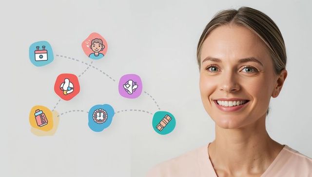 Smiling female healthcare worker wearing pink scrubs with floating medical icon badges