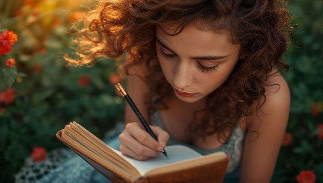 Woman Writing in Garden Surrounded by Flowers and Sunlight