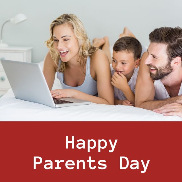 Happy parents day text over happy caucasian couple with son using laptop. Parents day, parenthood and family concept digitally generated image.