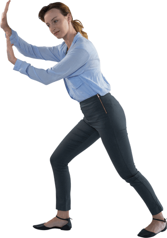 Transparent Businesswoman Imagining Pushing Invisible Barrier Indoors