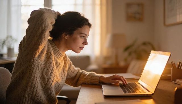 Woman pulling hair back while concentrating on laptop in cozy sunlit home workspace