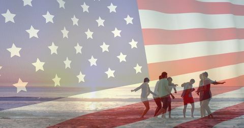 Group of Friends on Beach with Overlay of USA Flag
