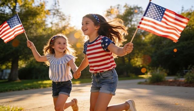 Sisters running with american flags on sunny suburban path at golden hour