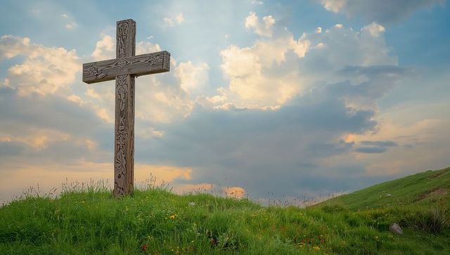 Wooden Cross on Tranquil Meadow Hill at Dusk with Wildflowers