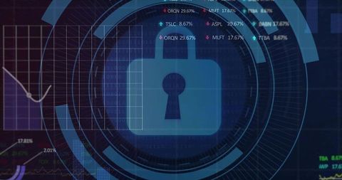 Blue Cybersecurity Lock HUD Interface with Data Tickers, Circular Digital Dashboard