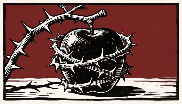 Apple entwined in crown of thorns woodcut style minimal illustration deep red background