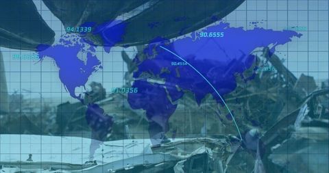 Overlay of Digital Data with Global Map on Junkyard Background