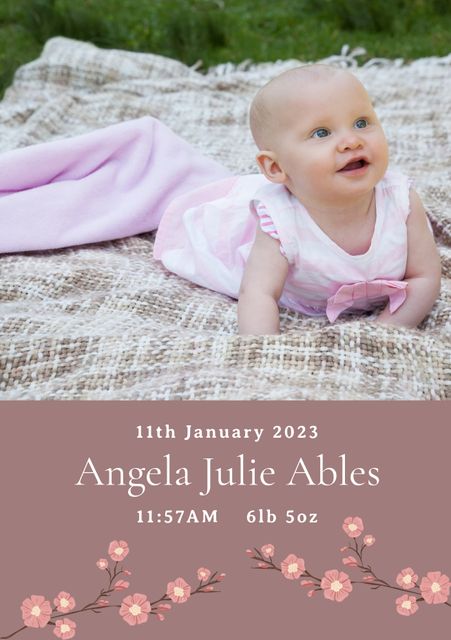 Composition of angela julie ables text with birth date over caucasian baby on brown background - Download Free Stock Videos Pikwizard.com